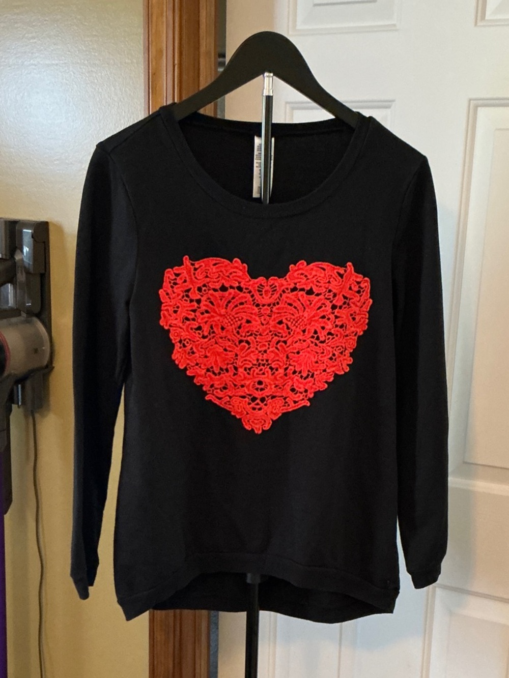 Women’s Black Long Sleeve Tee with Red Heart Lace Applique